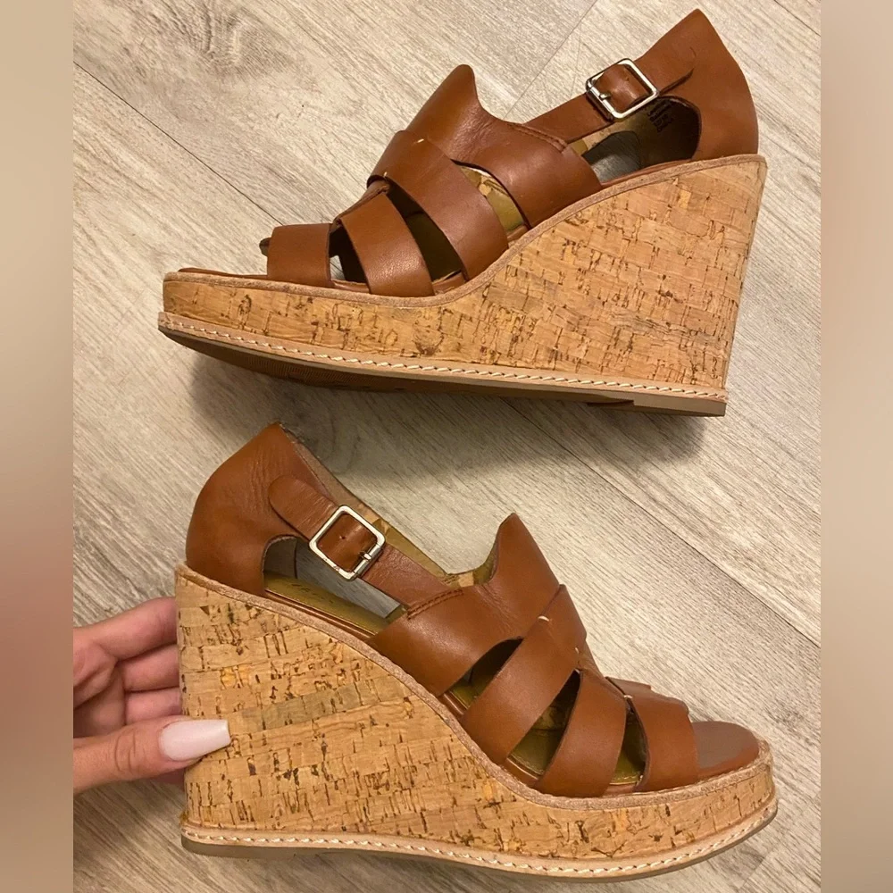 G HBass & Co Wedges Taylor Camel Brown Leather Strappy Platform Cork Heel sz 8M - Picture 12 of 16
